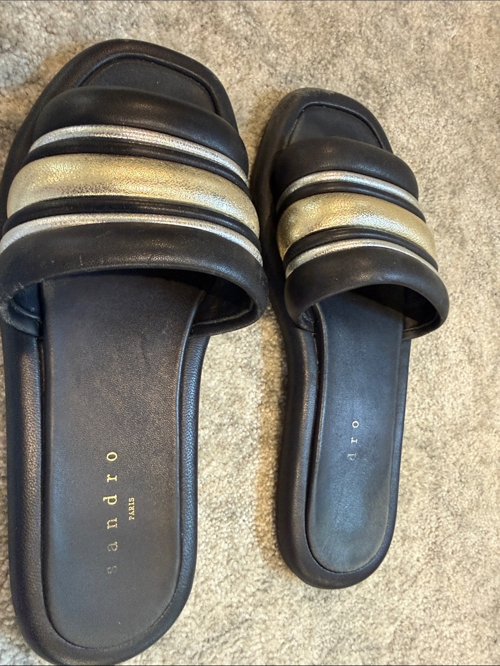 Sandro Black Slides with Gold & Silver Stripes